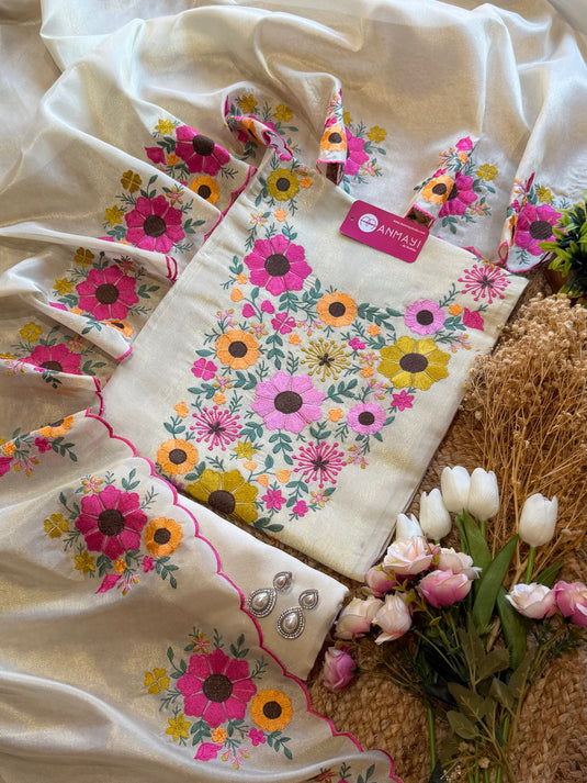 Shimmer ivory suit with flower Parsi embroidery