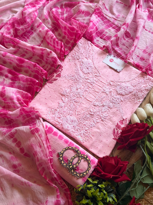 Pure cotton lucknawi neck tie dye combination suit set