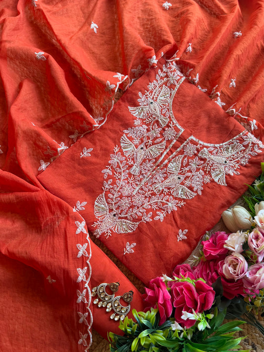 Flying bird pearl work Mul Chanderi suit set