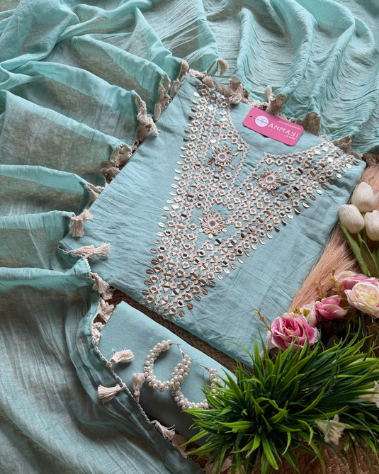 Crochet mirror neck Mul Chanderi suit set