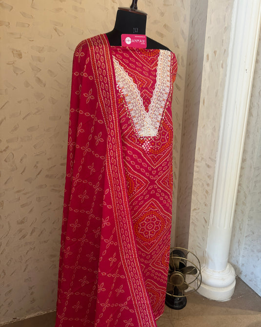 Pure cotton Bandhani v neck suit set