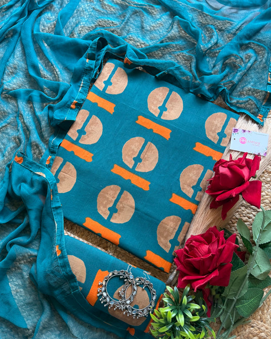 Abstract cambric cotton all over suit set with chiffon dupatta