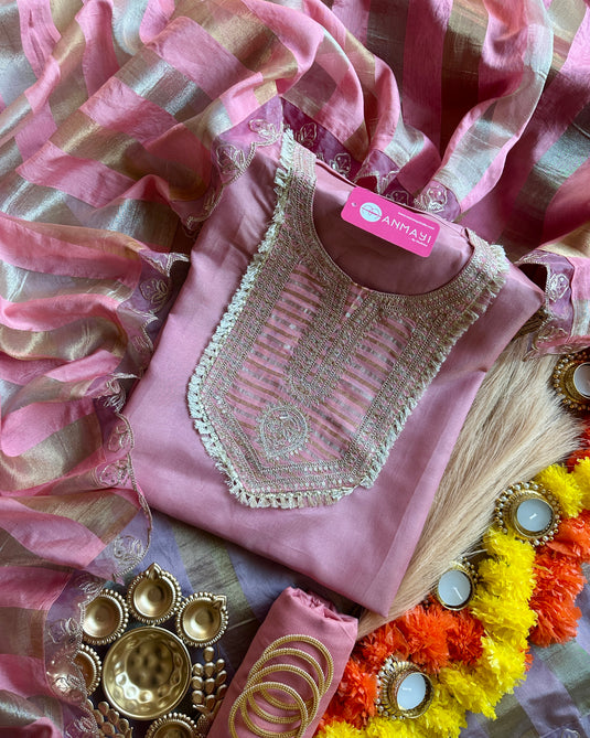 Shimmer Chanderi pastel kurta neck suit set