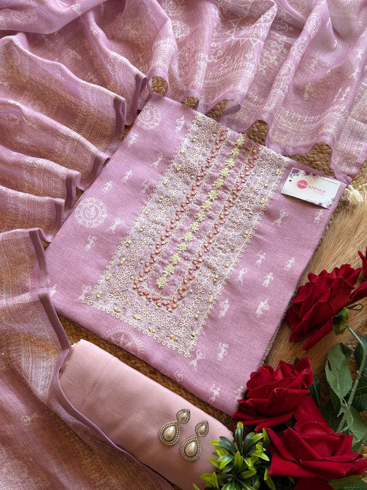 Warli print linen mirror neck suit set