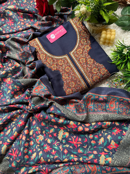 Aari work neck woollen suits with Kani print shawls