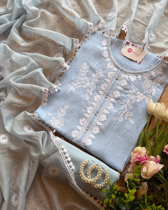 Leafy kurta neck Mul Chanderi pastel suit set