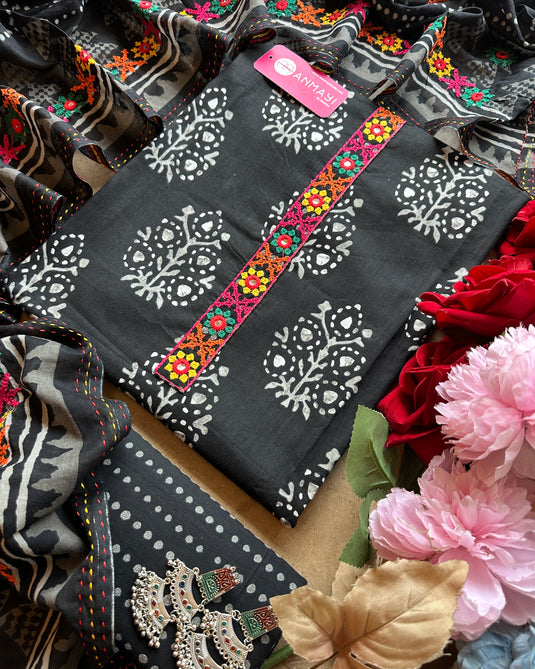 Block print cotton suit set with Phulwari work dupatta