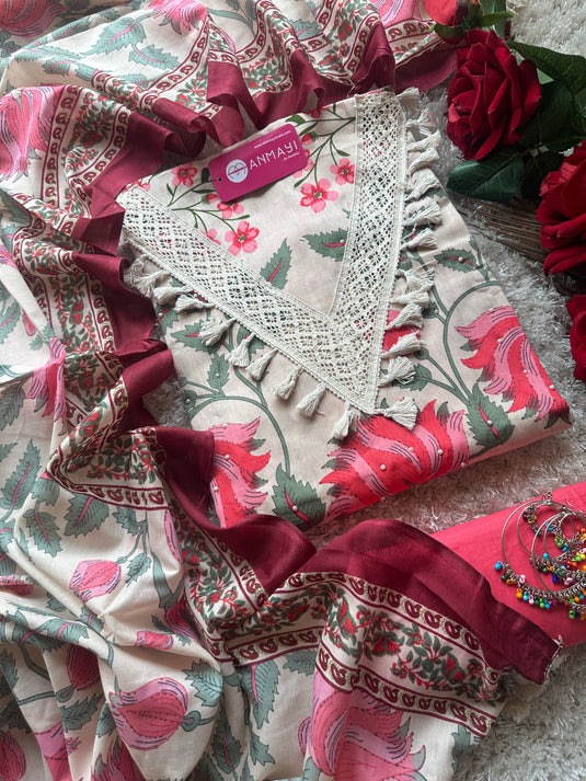 Soft jaam cotton Kani print pearl tassel work suit set