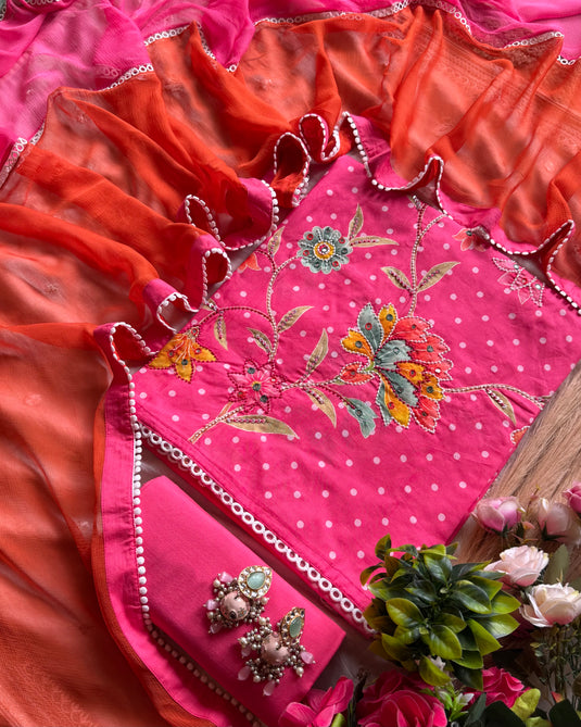 Highlighted hibiscus pure cotton polka dots suit set with tricolour dupatta