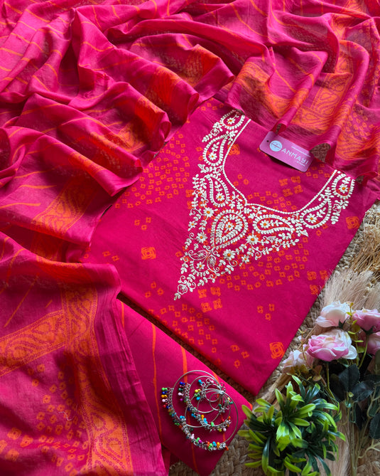 Reddish pink tone fine bandhani cambric cotton suit set with pita neck