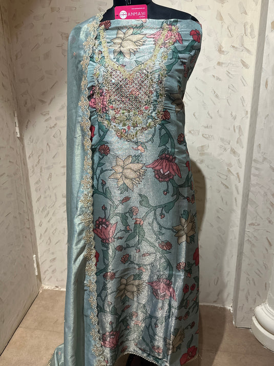 Shimmer organza crushed kani print suit set with shimmer dupatta