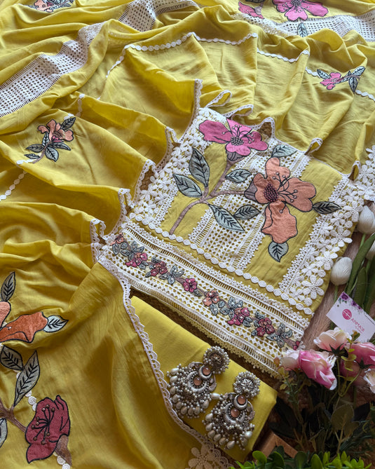 Pakistani crochet Mul cotton patched flower suit set