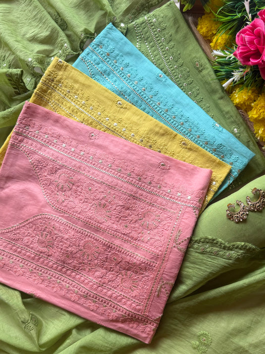 Panel pita work embroidered Mul Chanderi suit set