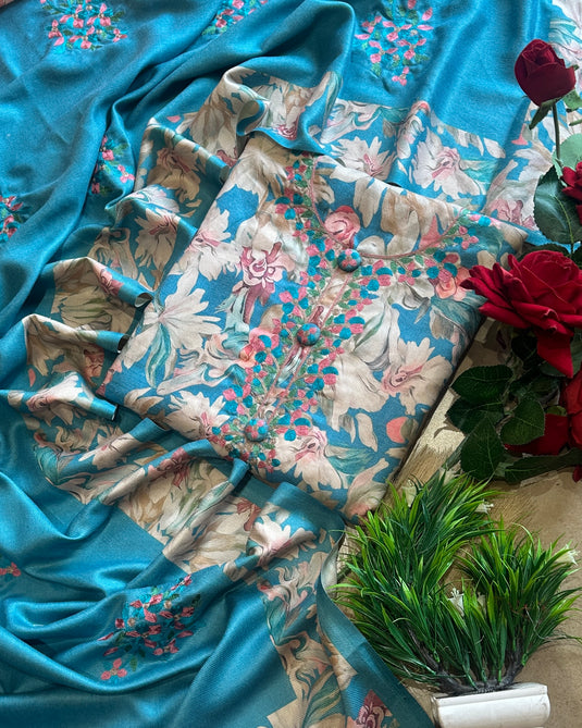 Embroidered semi pashmina floral suit set