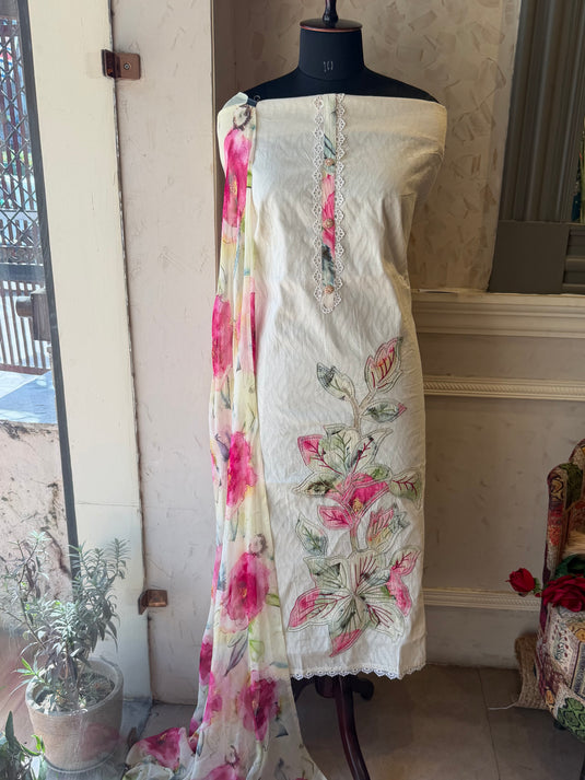 Cotton patch work cream suit set with pure chiffon floral dupatta