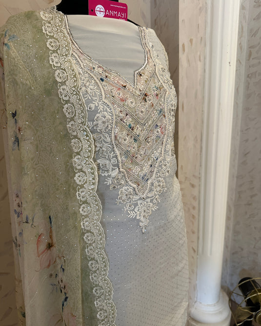 Organza Swarovski work suits with Parsi work and ombré dupatta