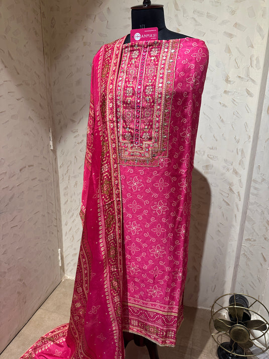 Jodhpuri mirror neck printed Bandhani raw silk suit set