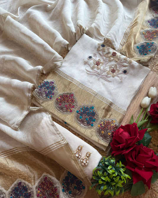 Soft Ivory gold jamdani patched flower suit set with kasavu border