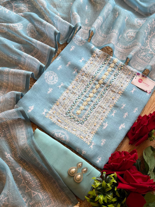 Warli print linen mirror neck suit set
