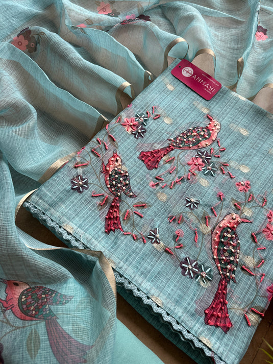 Coloured Kota banarasi knot work suit set with printed Kota dupatta