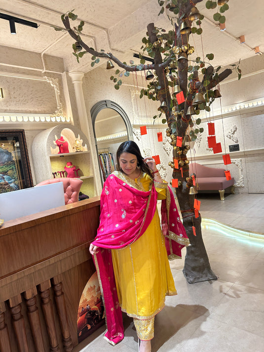 Yellow A line pure chinnon embroidered suit set