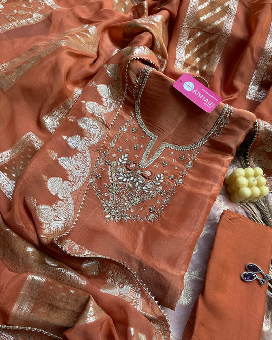 Rusty orange tissue silk embroidered motif neck Banarasi suit