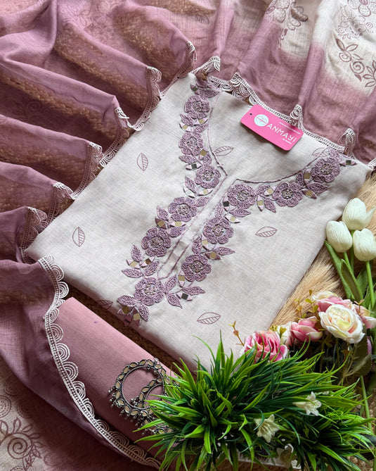 Embroidered pure linen ombré shade mirror neck suit set