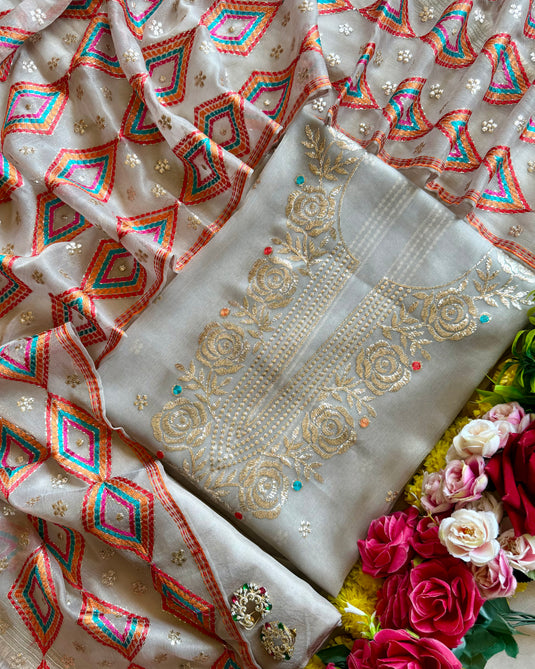 Kamdani work soft organza suit set with Phulkari dupatta