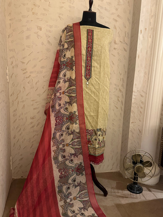 Doll figured red and beige cambric cotton suit set