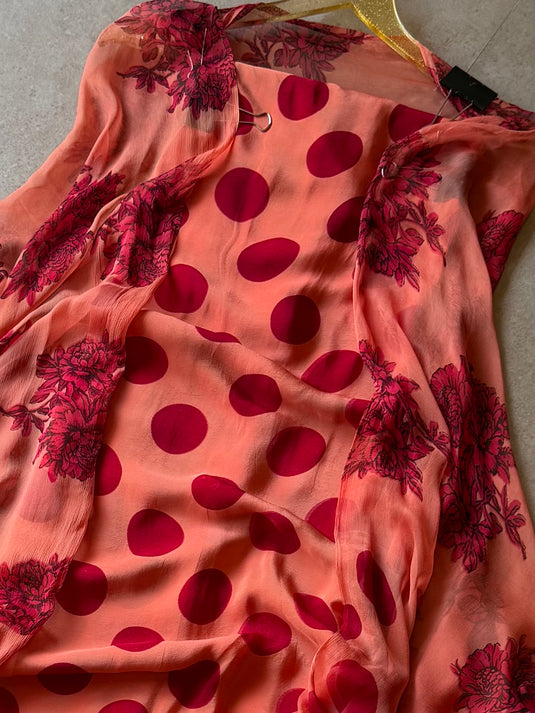 Polka dots crepe suit set with chiffon dupatta