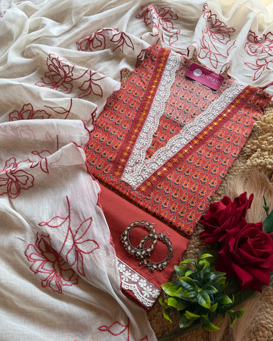 Printed Cambric cotton crochet V neck suit set with embroidered dupatta