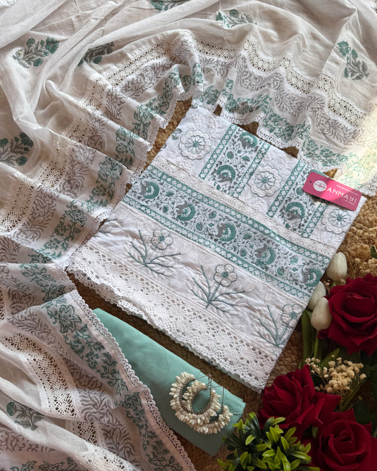 Cotton Chikankari work cream suit with combination bottom