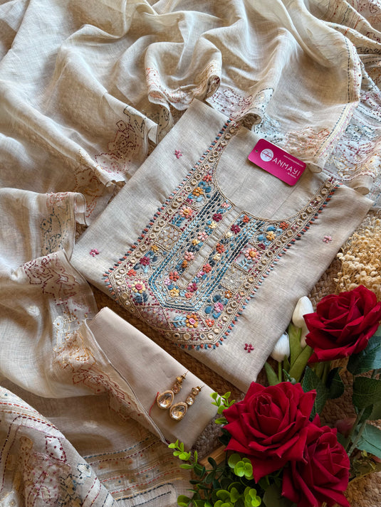 Pure Jamdani Silk French Knot Work Suit Set