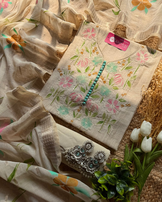 Jamdani linen floral neck suit with handpaint dupatta