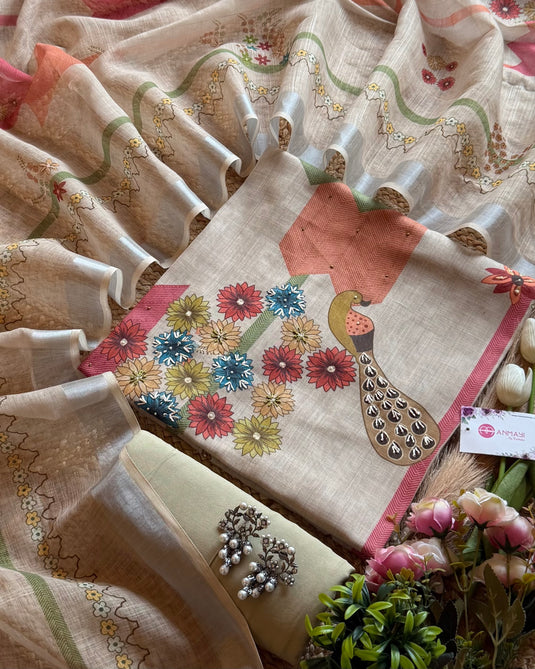 Digital linen peacock print suit set