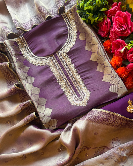 Kanjivaram silver lilac intricate neck work suit set