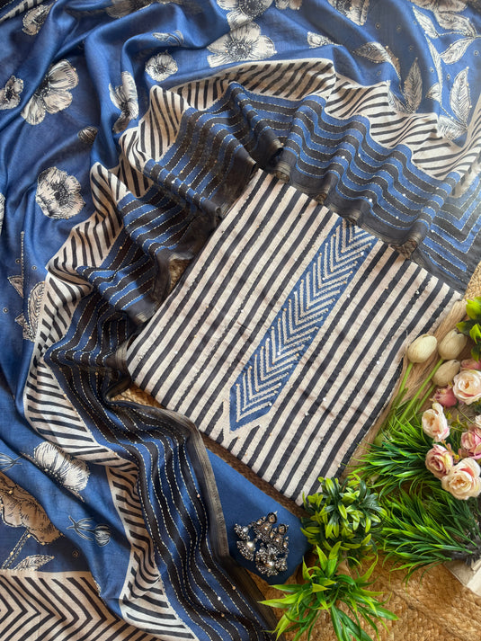 Kantha stripes floral fine Chanderi silk suit set