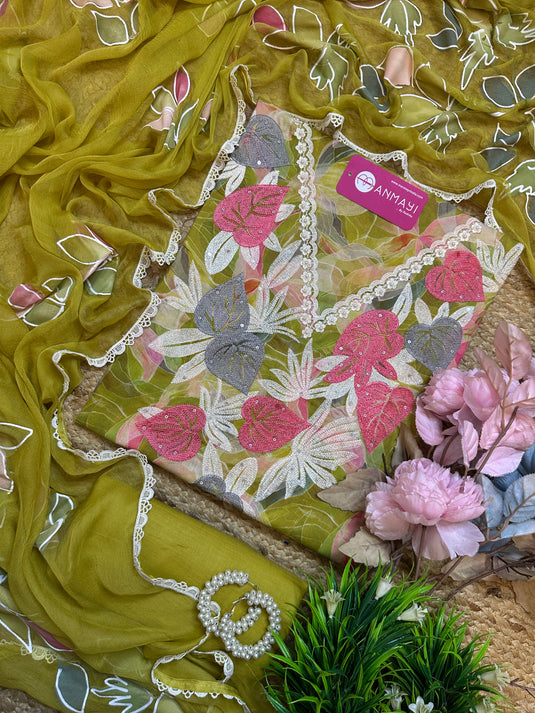 Floral embroidered neck cotton suit set with chiffon handpaint dupatta