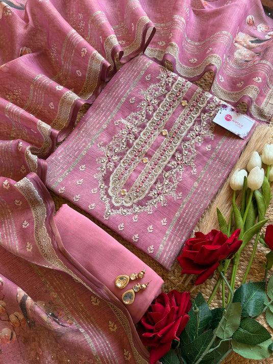 Linen shimmer line mirror work swan suit set