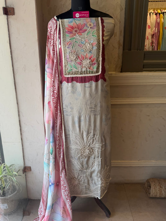 Crochet muslin printed suit set