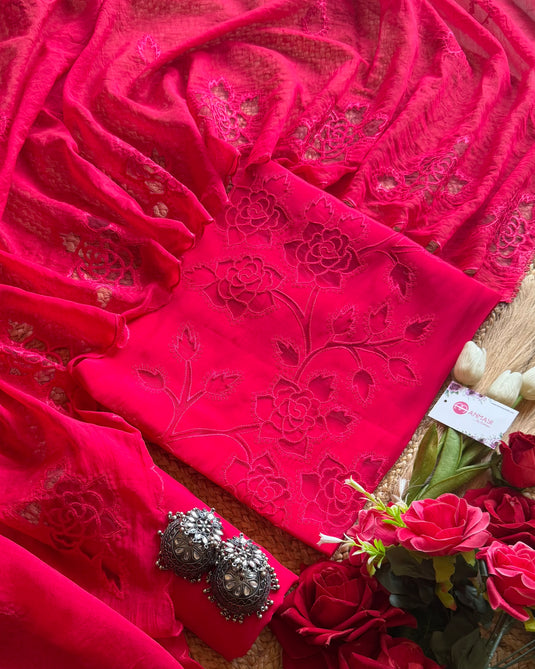 Modal work Mul Chanderi net applique cutwork suit set