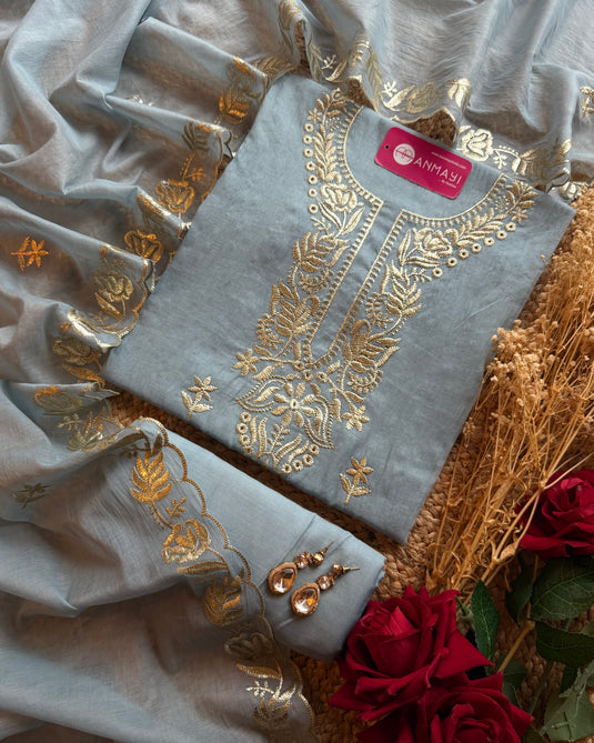 English shades pita work Mul Chanderi suit set