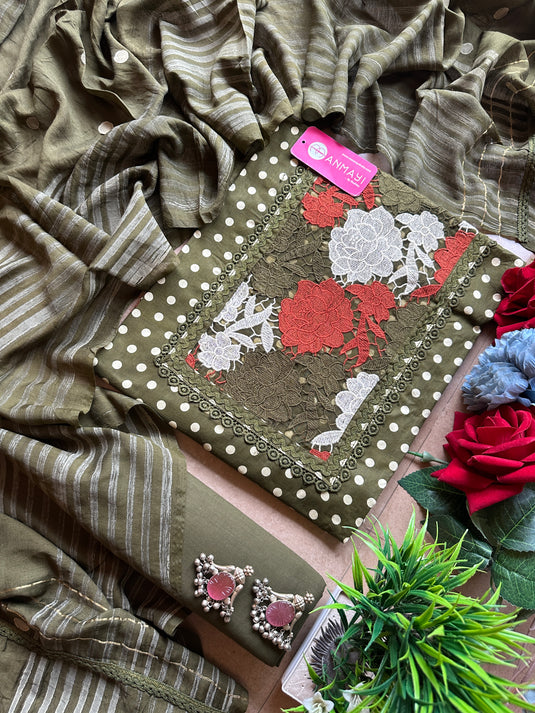 Polka dots crochet detailed cotton suit set with glazed cotton dupatta