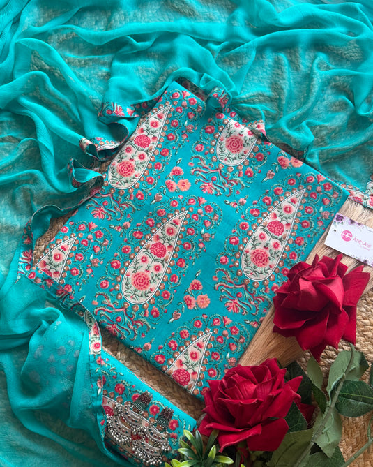 Persian print fine Cambric cotton suit set with chiffon dupatta