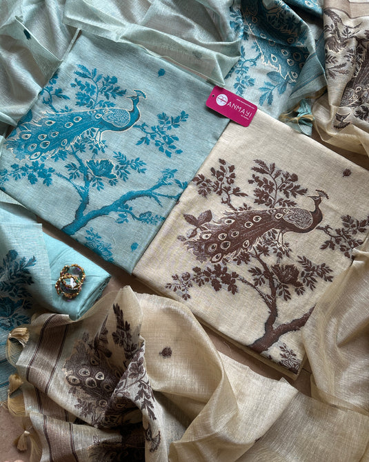 Peacock motifs Jamdani silk suit set