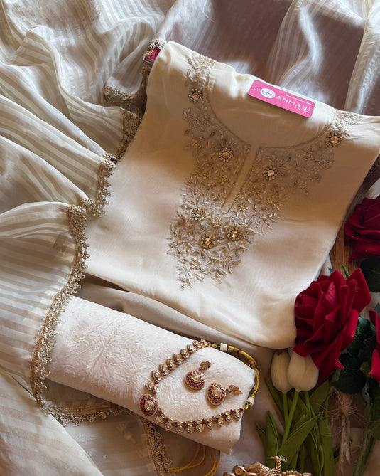 Zardosi hand embroidered Georgette suit set with Banarasi lines dupatta