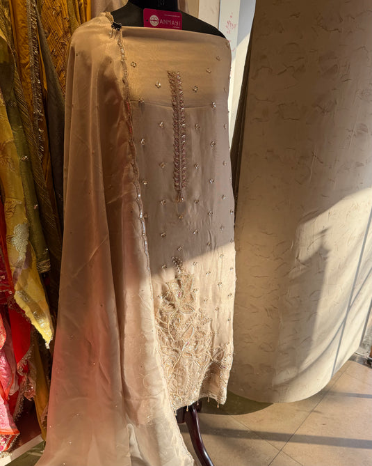 Hand Embroidered Ivory Shimmer Organza suit set