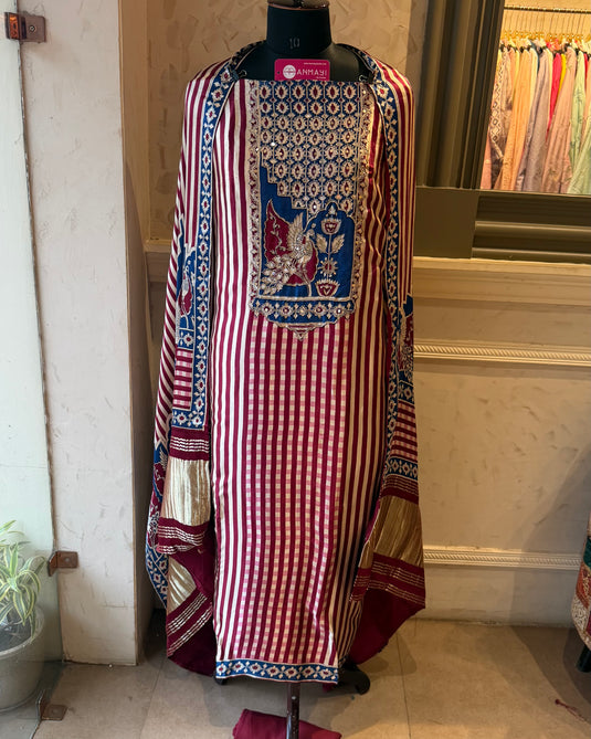 Royal Blue Maroon Highlighted neck pure Gajji silk suit set