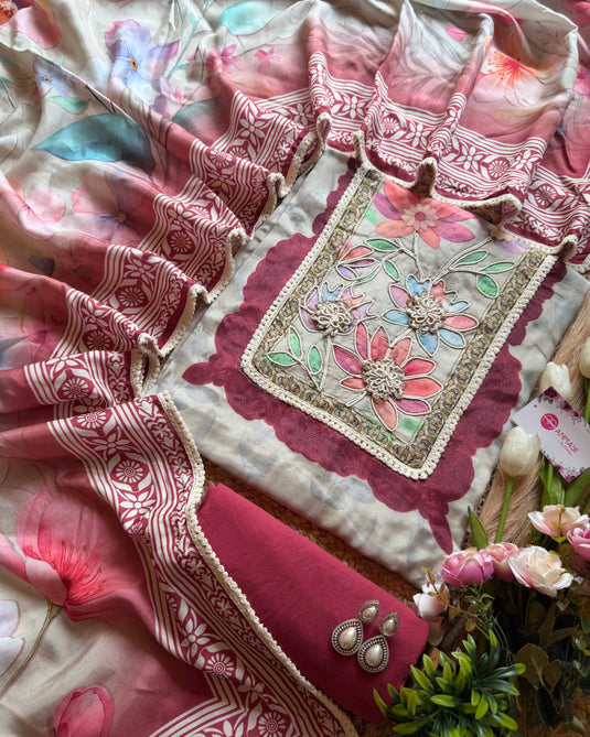Crochet muslin printed suit set