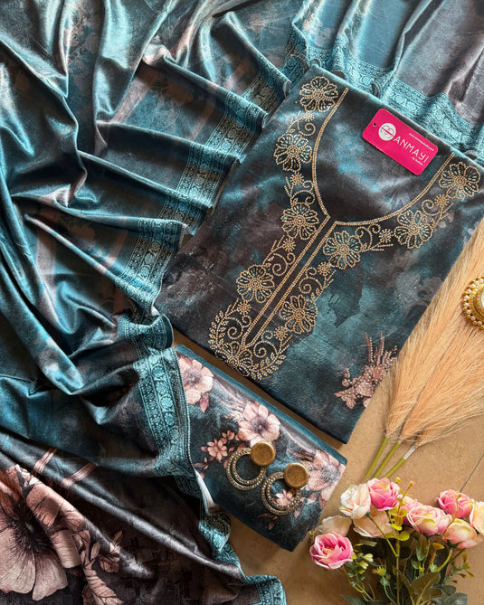 Printed floral velvet Swarovski work suit set